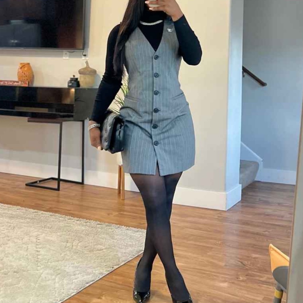 Pinstripe Pinafore Mini Vest Dress